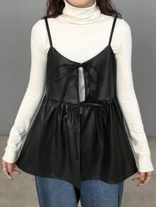 FRIFUL 女式纯黑色 PU 面料系带抽绳宽松百搭分层休闲吊带背心，适合机场旅行、休闲外出、度假 - 黑色 - 查看 4