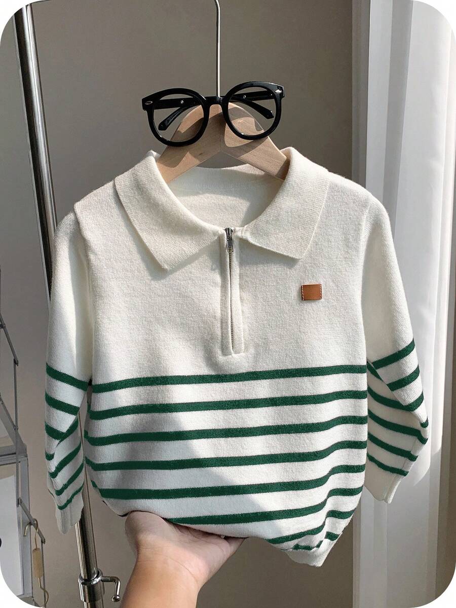 SHEIN 1 Piece Young Boy Leisure College Comfortable Fashion Simple Practical All-Match With Half Door Lapel Stripe Soft Comfortable Thick Warm Sweater Suitable For Outdoor Play Suitable For School Back To School Daily Suitable For School Suitable For Travel Suitable For Sports Suitable For Spring Autumn And Winter Fall