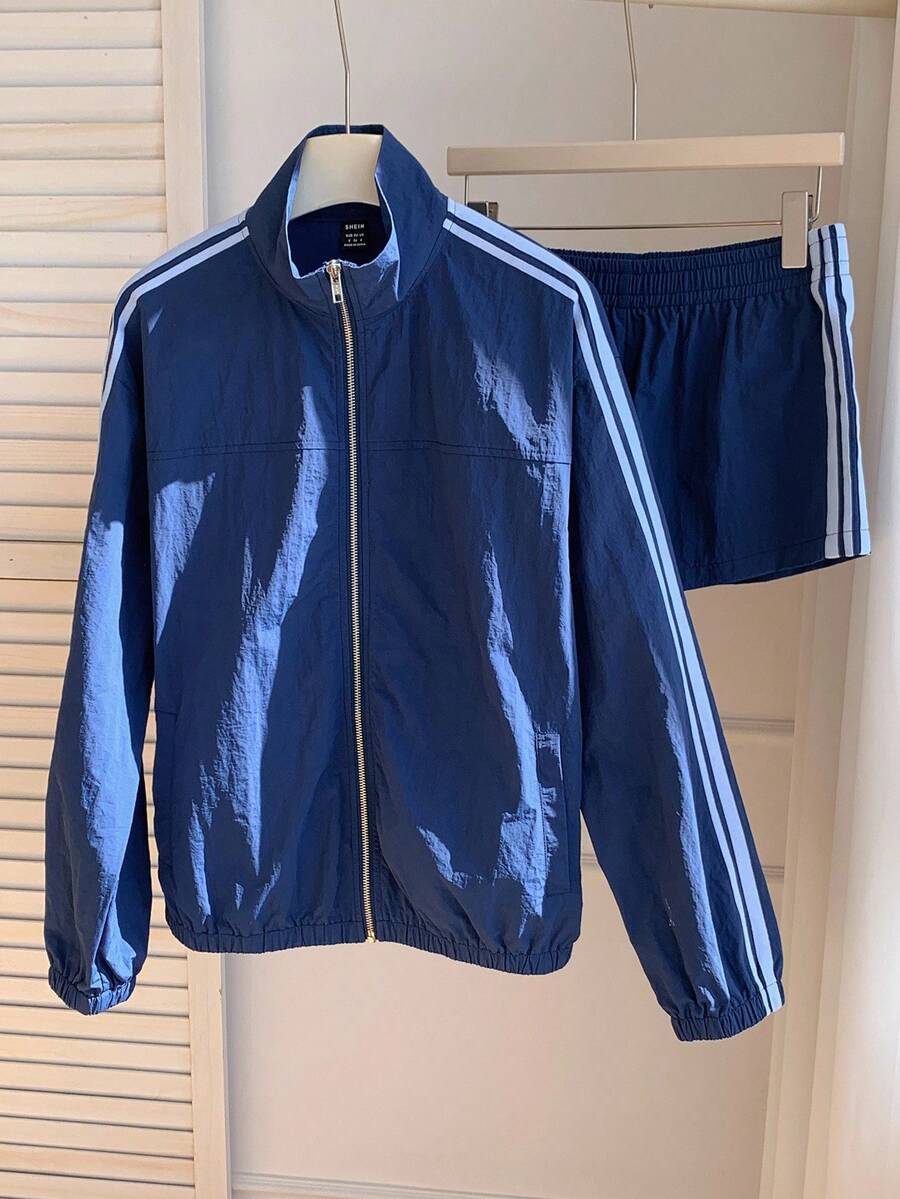 Comfortcana Women's Fall Casual Commuter Contrast Stripe Jacket And Shorts 2 Pieces Set Navy Blue Jacket Women Track Jacket,Halloween Outfit