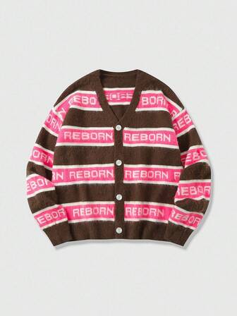 Street Life Cardigan homme en jacquard rayé, style ample et court, automne hiver