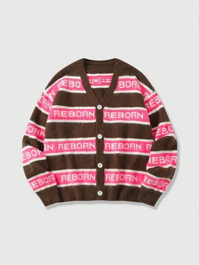 Street Life Cardigan uomo in stile jacquard a righe, modello ampio e corto, adatto per l'autunno e l'inverno