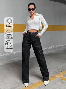 EURMUSE 100%Cotton Top-Stitching Flap Pocket Side Cargo Jeans - Black - View 1