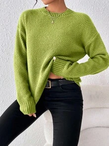 EMERY ROSE Áo len dệt kim dài tay cổ tròn tối giản màu trơn dành cho nữ, mặc hàng ngày - Xanh lá cây Mù sương - Xem 4