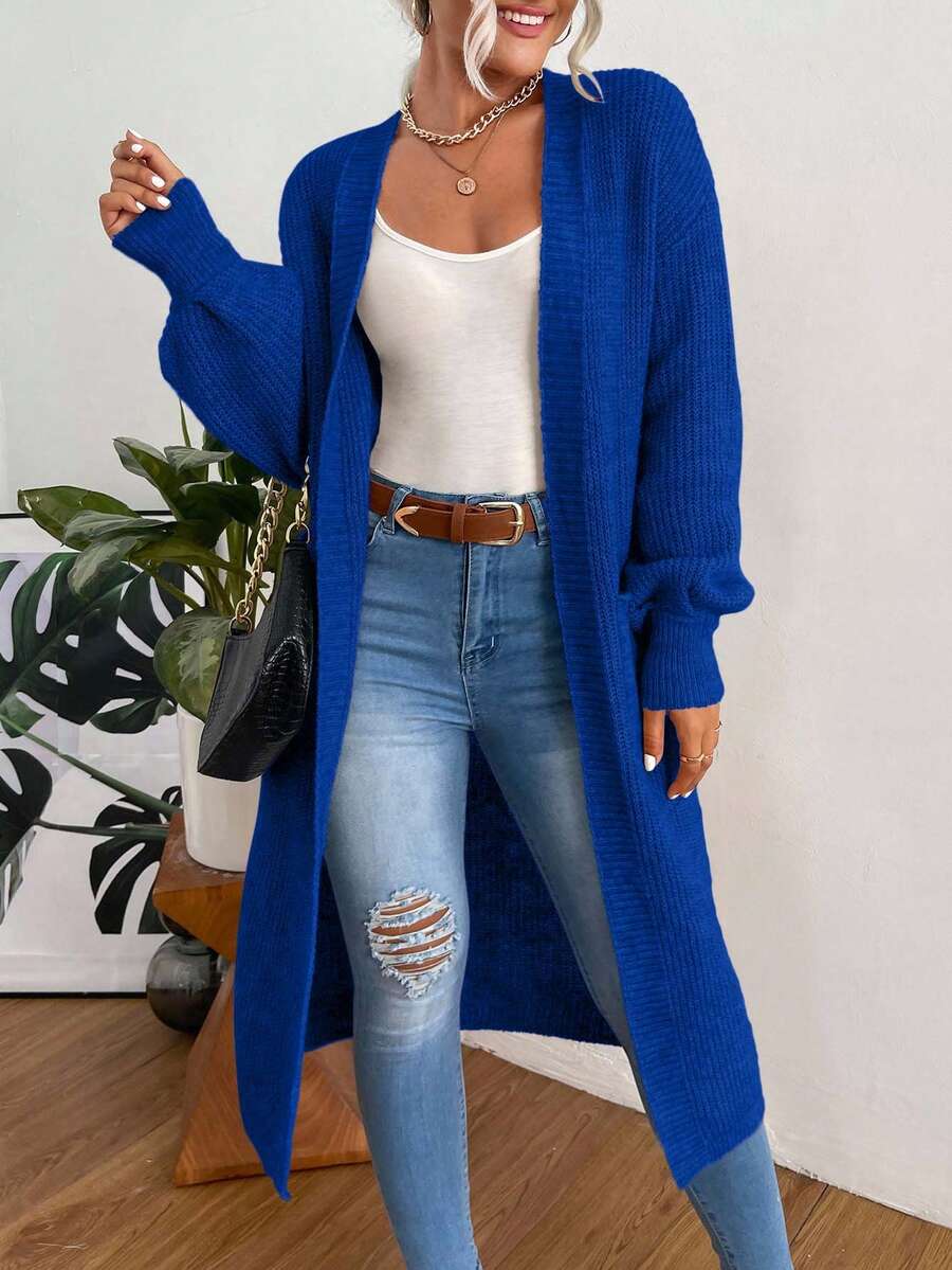 EURMUSE Áo khoác cardigan dài tay trơn, trang phục thường ngày giản dị, áo khoác cardigan màu đỏ tía, áo khoác cardigan dài dành cho nữ, áo len cardigan dài - Xanh đậm - Xem 1