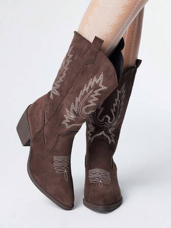 Fairycore Women's Dark Rock Punk Goth Boots, Brown V-Cut Embroidered Western Knee-High Boots, Thick Heel Tall Boots, Motorcycle Boots