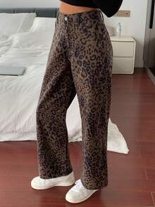 DAZY Jeans a vita alta a gamba larga con stampa leopardata in stile retrò americano, pantaloni a gamba dritta snellenti a lunghezza pavimento per donne, autunno/inverno - Castano - Visualizzare 5
