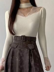 DAZY 法式蕾丝拼布露背汗衫，独特设计女式毛衣 - 米色 - 查看 4