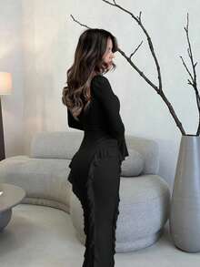 Jemour Elegant Women Going Out Outfit, Sweet Ruffled Long Sleeve Crop Top, Fall Outfit For Casual Date, Party, Event - 3D Floral Decor Long Dress, - Black - View 4