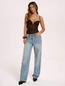 SHEIN BAE 女士纯色撞色蕾丝低胸性感吊带紧身衣 - 咖啡棕 - 查看 4