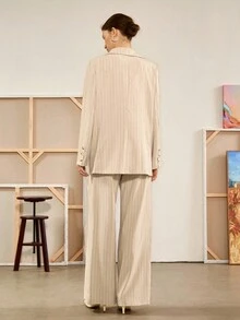 Franclia 女士春秋波西米亚通勤西装外套，袖口开衩，搭配条纹阔腿西装裤，杏色西装套装 - 杏色 - 查看 5