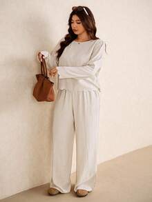Elaquor Plus Size Solid Color Drawstring Shirt And Pants Set, Casual For Spring And Autumn - Apricot - View 3