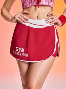 SHEIN Dewbera Women's Letter Print Trim Side Slit Sports Skort Gym Skirts Athletic Skirt Red Gym Skirt Women Athletic Skirts Workout Skirt Tennis Skirt - Red - View 1