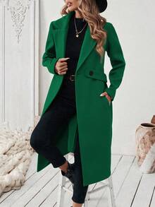 SHEIN 女式纯色缺口领长袖束带大衣 - 綠色 - 查看 1