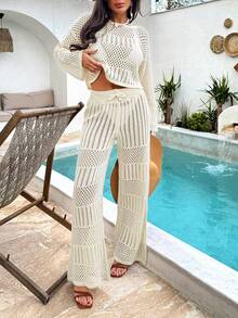 EURMUSE Ivory Open-Knit Two-Piece Set With Flared Pants And Long-Sleeve Top, Featuring A Lightweight And Breathable Fabric For Boho-Chic Styles Women For Summer - Cream - View 4