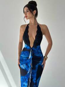 Firerie Đầm Maxi Ôm Body Dáng Chữ A Màu Xanh Thanh Lịch, Cổ Chữ V, Hở Lưng, Ren Họa Tiết Nghệ Thuật, Đường Riềm Xếp Nếp, Dành Cho Nữ, Thích Hợp Đi Biển, Nghỉ Dưỡng, Tiệc Tùng, Lễ Hội Âm Nhạc - Màu xanh lam - Xem 8