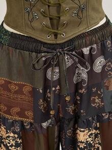 ROMWE Hippie 大码女式 Cottagecore 复古拼布印花阔腿裤 - 彩色 - 查看 4