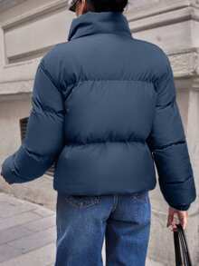 EURMUSE Short Padded Jacket In A Plain Design, Contrast Metal Colour Zipper - Dusty Blue - View 2