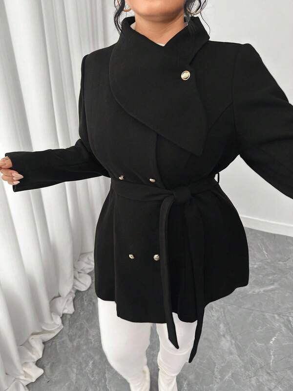 Elenzga Plus Size Women Elegant Tie-Waist Woolen Coat, Minimalist & Fashionable Winter Fall Autumn