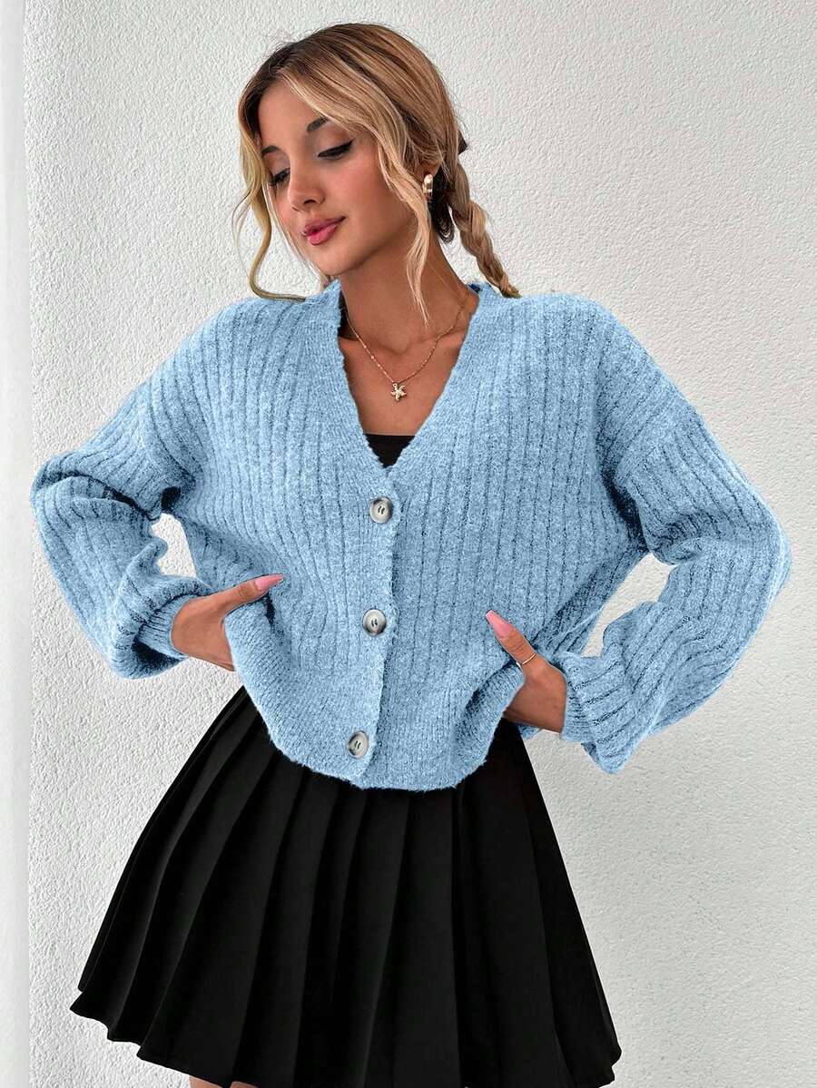 EURMUSE 女士休闲纯色落肩开衫，秋冬 - 淺藍色 - 查看 1