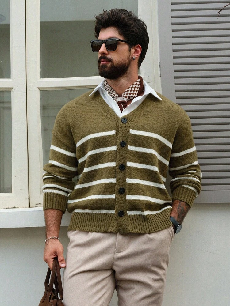 Men's Casual Striped Cardigan, White & Green Color Block, Spring/Autumn