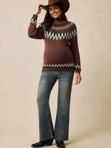 Boho Mama Maternity Fall ,Autumn/Winter Pregnant Women's Casual Western Style Jagged Pattern Raglan Sleeve Pullover Sweater, Autumn/Winter Brown Fair Isle Sweater - Brown - View 7