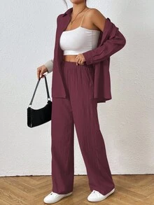 SHEIN PETITE 女款純色長袖單排扣襯衫與長褲休閒兩件套，秋季，小個子女性 - 中紫紅色 - 查看 6