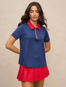 Activina Women's Contrast Color Short Sleeve Zipper Design Casual Fitness Sports Polo Shirt - Blue - View 7