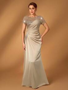 Serin Elegant Luxurious Beaded & Sequin Satin Ruched Mermaid Hem Skirt, Suitable For Weddings, Parties, Vacations, Galas, Evening Gowns, Mother Of The Bride
