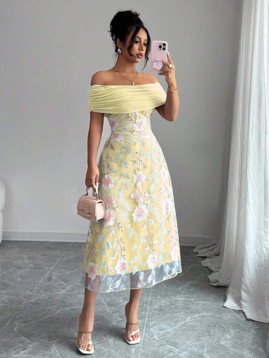 Modelyn Women's Mesh Patchwork Polyester Knit Embroidered Off Shoulder Ruffle Minimalist Sexy Summer Dress - Yellow - View 1