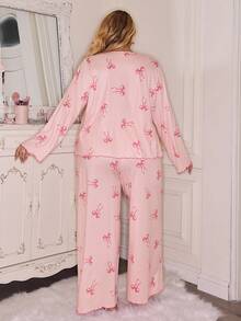 Miss Vinta Conjunto de Pijama de Manga Longa Rosa com Estampa de Laço e Calça, Roupas de Outono e Inverno, Conjunto Confortável em Plus Size - Multicolorido - Visão 2