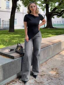 Jeta Ari 女式宽松口袋阔腿休闲牛仔裤 - 灰色 - 查看 4