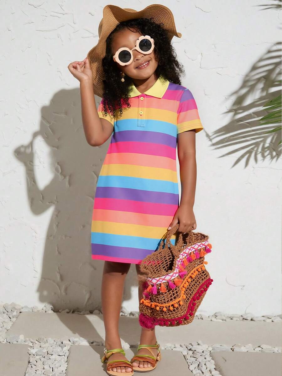 Young Girls' Sweet & Cute Rainbow Striped Polo Collar Casual Everyday Comfortable Versatile Dress - Purple - View 1