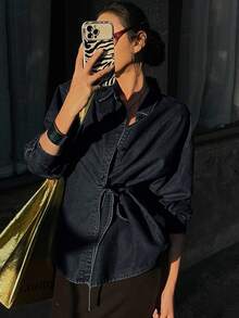 DAZY 女式纯色前扣长袖牛仔衬衫（侧系带）