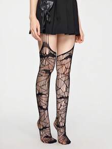 ROMWE Grunge Punk 1 Pair Gothic Style Dark Black Bat Fishnet Socks - Black - View 3