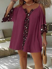 EMERY ROSE Camisa casual holgada con estampado de leopardo y hombros descubiertos para mujer de talla grande - Burdeos - Ver 1