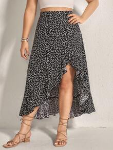 Comfylo 大码女式不对称下摆花卉裙，带荷叶边和松紧腰带，夏季