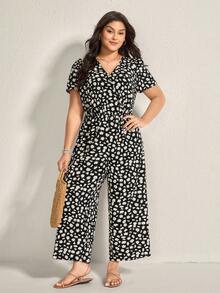 Comfylo 大码女式雏菊印花重叠 V 领短袖阔腿连体裤，适合度假、夏季 - 黑色 - 查看 2