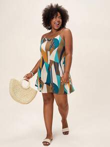 Comfylo Plus Size Colorful Geometric Pattern A-Line Sleeveless Sundress For Summer Business Casual Fall Clothes Plus Size