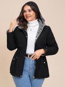 Comfylo Plus Size Hooded Drawstring Waist Casual Versatile Jacket Winter For Women Fall For Women Women's Winter Jacket Chic Women's Jacket Women's Winter Jacket Chic Women's Jacket Autumn Winter Zip Up Hoodie For Women Female Country Look Going Out Tops Going Out Winter - Black - View 6