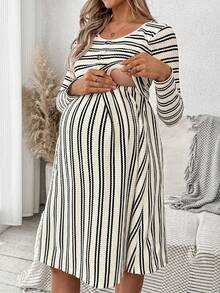 SHEIN 孕妇和哺乳休闲条纹纹理中长连衣裙，秋季 - 杏色 - 查看 1