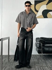 ESTAVOR Quần jean denim ống rộng dáng dài, dáng rộng, có túi thêu hình động vật dành cho nam - Màu xám đen - Xem 1