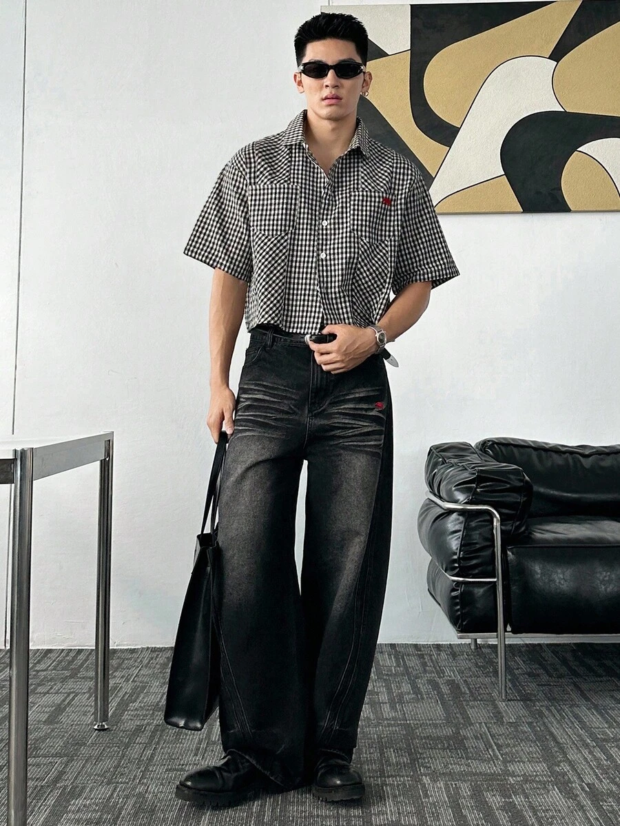 ESTAVOR Quần jean denim ống rộng dáng dài, dáng rộng, có túi thêu hình động vật dành cho nam - Màu xám đen - Xem 1