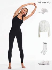 GLOWMODE 26" FeatherFit™ Strap It Good Tummy Control Crisscross Strap Open Back Movement Romper Bodysuit Light Support Low Impact - Black - View 9