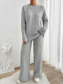 EURMUSE Women's Autumn Cable Pattern Raglan Sleeve Sweater And Knit Pants Casual 2 Pieces Set - Grey - View 2