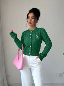 EURMUSE Women's Autumn Cable Knit Long Sleeve Bow Embroidery Cardigan - Green - View 3