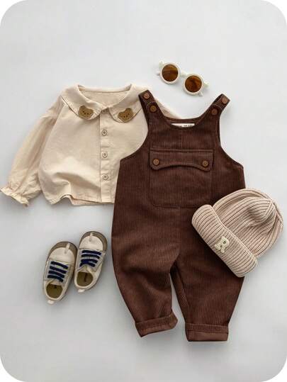 SHEIN Casual Sports Cute & Dropped Shoulder Loose Baggy Pocket Bib Overall Pants, Suitable For Baby Boys & Girls, Autumn/Winter Fall