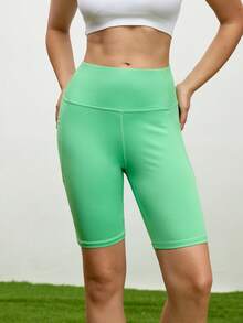 Cheerettes Quần short thể thao liền mạch cạp cao màu trơn dành cho nữ, quần short biker - màu xanh lá - Xem 3