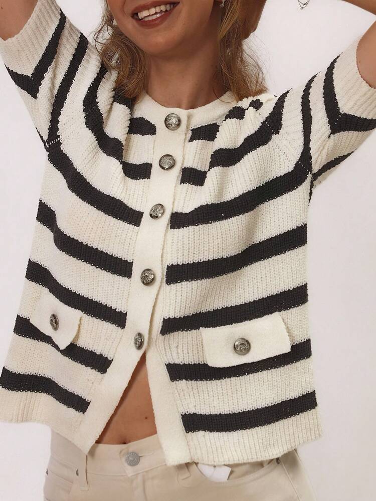 Áo len cardigan kẻ sọc tương phản dành cho nữ - Màu be - Xem 5