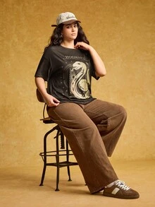 HARRY POTTER X SHEIN Plus Size Summer Casual Snake Print Round Neck Drop Shoulder Oversize Short Sleeve T-Shirt - Black - View 8