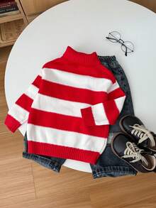 SHEIN 4pcs Family Matching Outfits Mommy And Me, Red & White Thick High Neck Pullover Sweater, Suitable For Home, Outings, Christmas, Color Block Patchwork, Fleece/Thickened, Suitable For Christmas Autumn Winter - Red and White - View 6